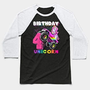 4Th Birthday Unicorn Monster Truck Birthday Party Girls Baseball T-Shirt